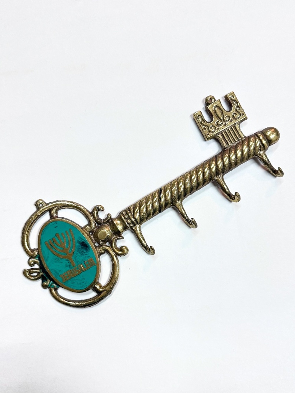 VTG 1970s Brass Jerusalem Skeleton Key Holder Wall Hooks Menorah Green Enamel